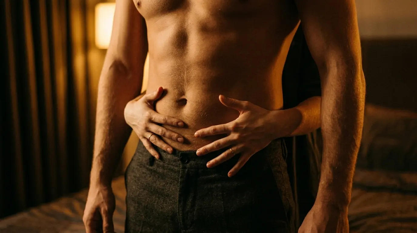 Close-up of a woman's hands reaching around a man's torso from behind with warm golden sidelight on skin