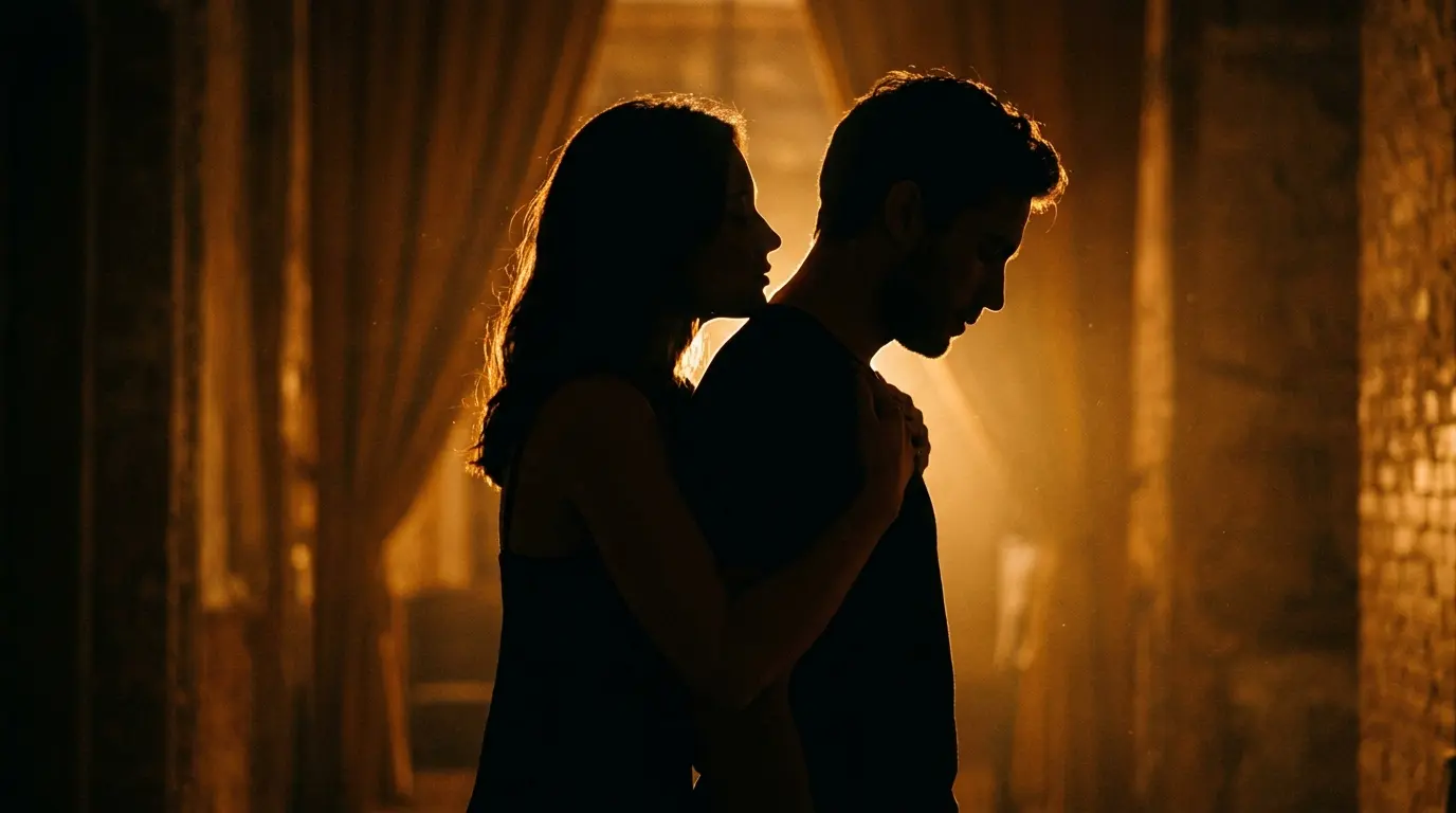 Artistic cinematic silhouette of a woman positioned behind a man in a dominant standing embrace with dramatic amber backlighting