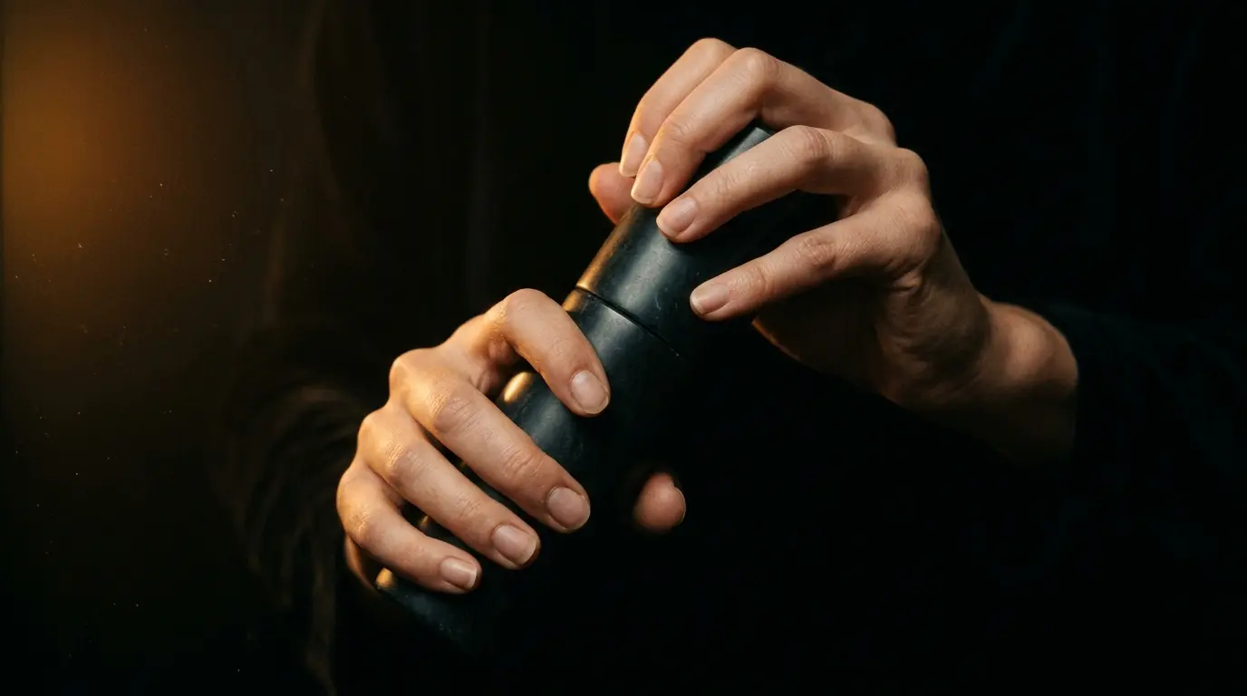 Artistic cinematic shot showing feminine hands in a twisting grip motion on abstract cylindrical form with warm amber light