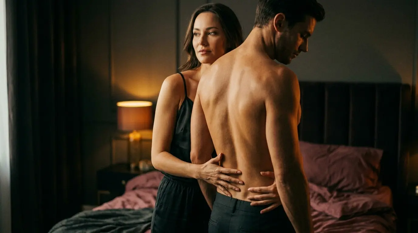 Sensual cinematic shot of a confident woman standing behind a shirtless man with her hands reaching around his waist in warm amber light