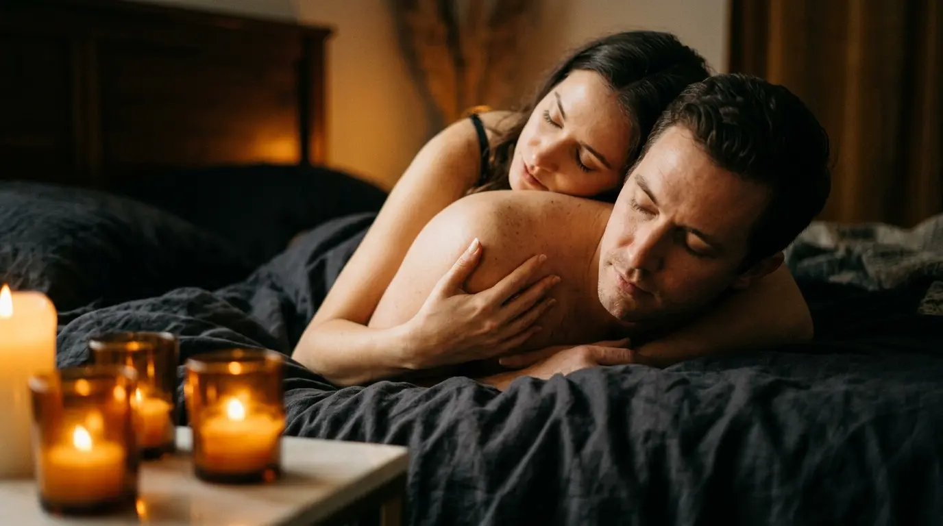 Intimate sensual scene of a couple in spooning position with woman's hand on man's chest both eyes closed in deep connection