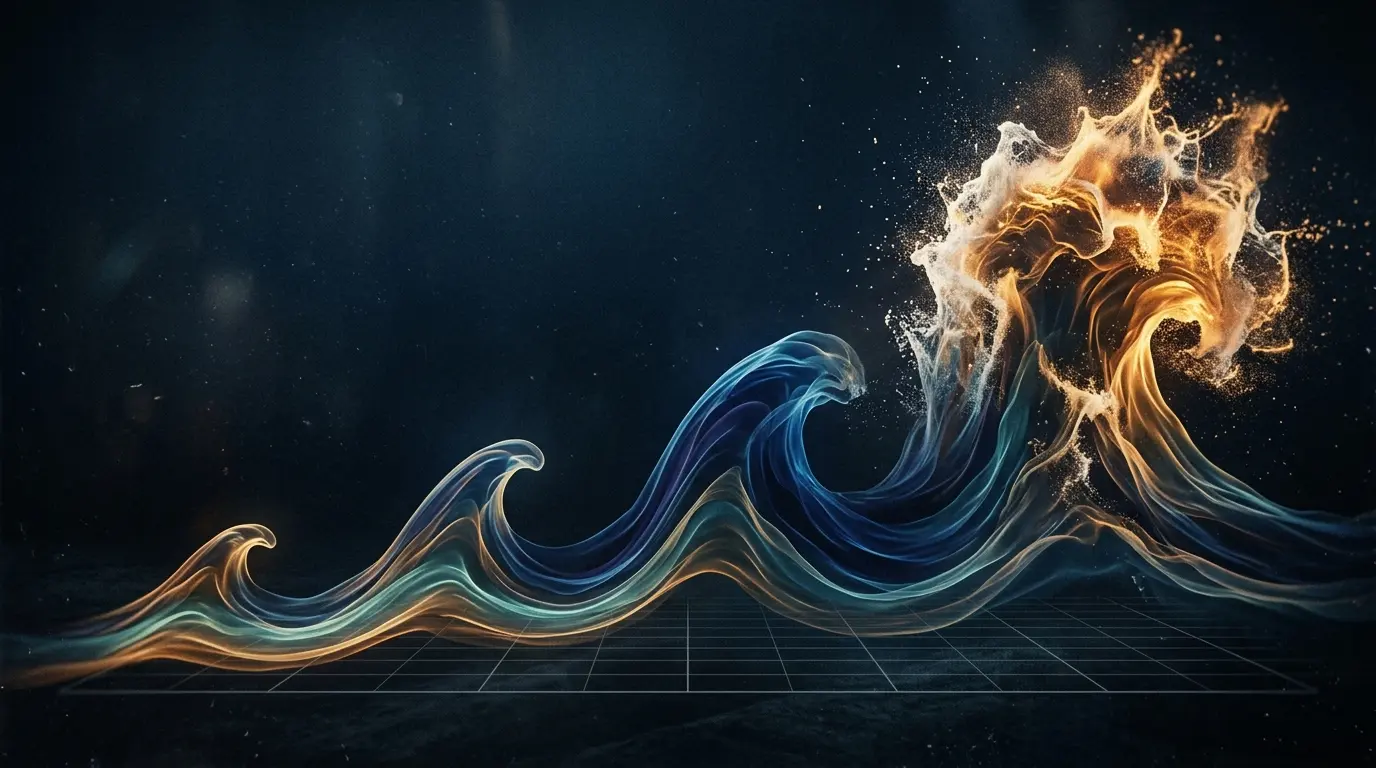 Abstract visualization of a wave rising and retreating three times before a massive final crest in warm amber and navy tones