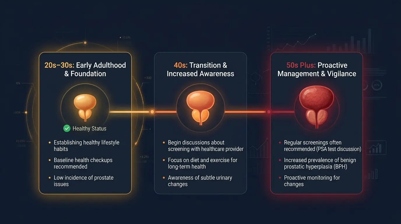 Infographic showing prostate changes across age groups from 20s through 50s plus