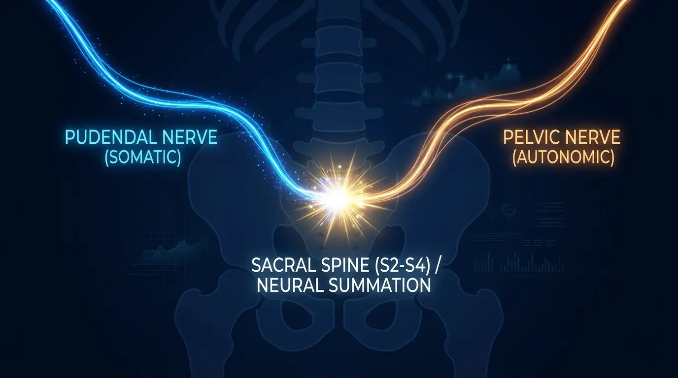Visualization of dual neural pathways converging at the sacral spine showing pudendal and pelvic nerve signals