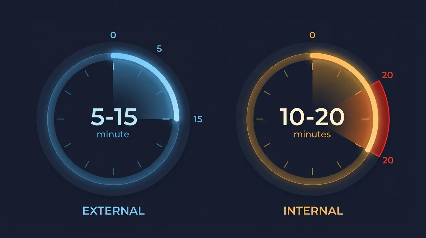 Minimalist clock visualization showing recommended session durations of 5 to 20 minutes
