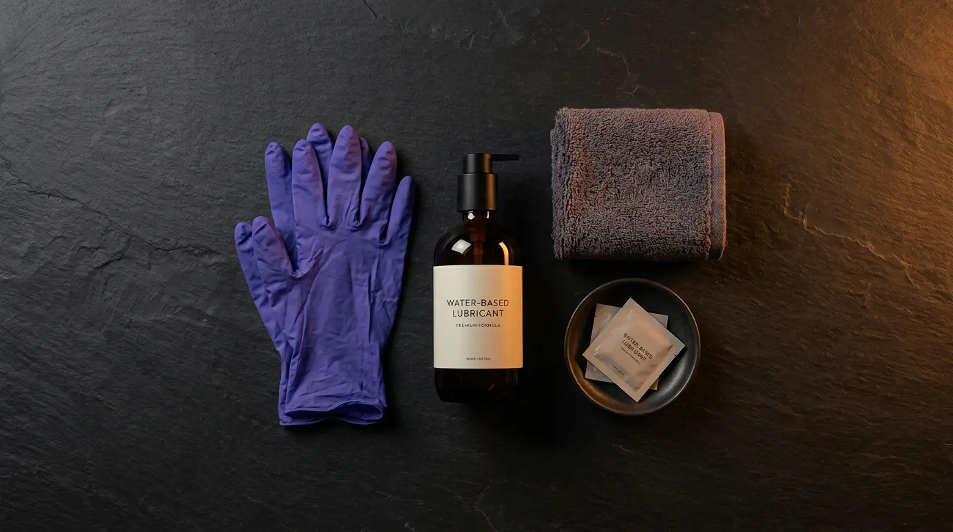 Flat-lay arrangement of hygiene essentials including nitrile gloves water-based lube and towel on dark surface