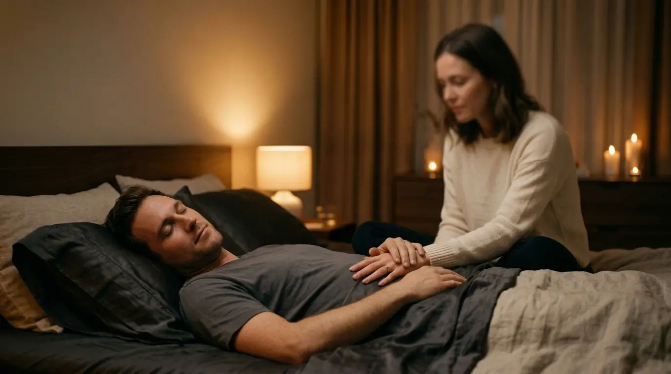 Sensual intimate scene of a couple in dim candlelight with warm amber tones suggesting deep trust and vulnerability during an intimate massage