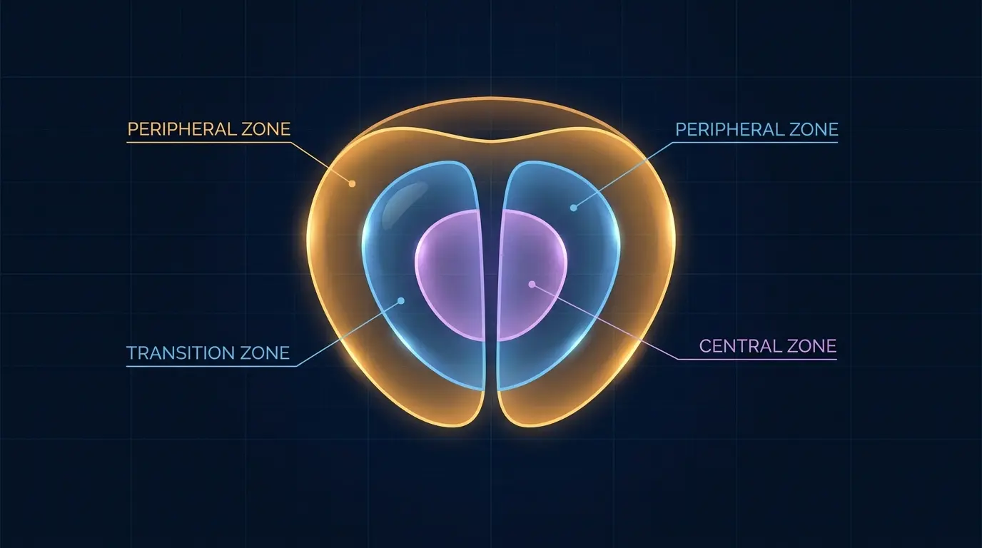 Stylized visualization of the prostate gland zones with warm amber peripheral zone and cool blue transition zone