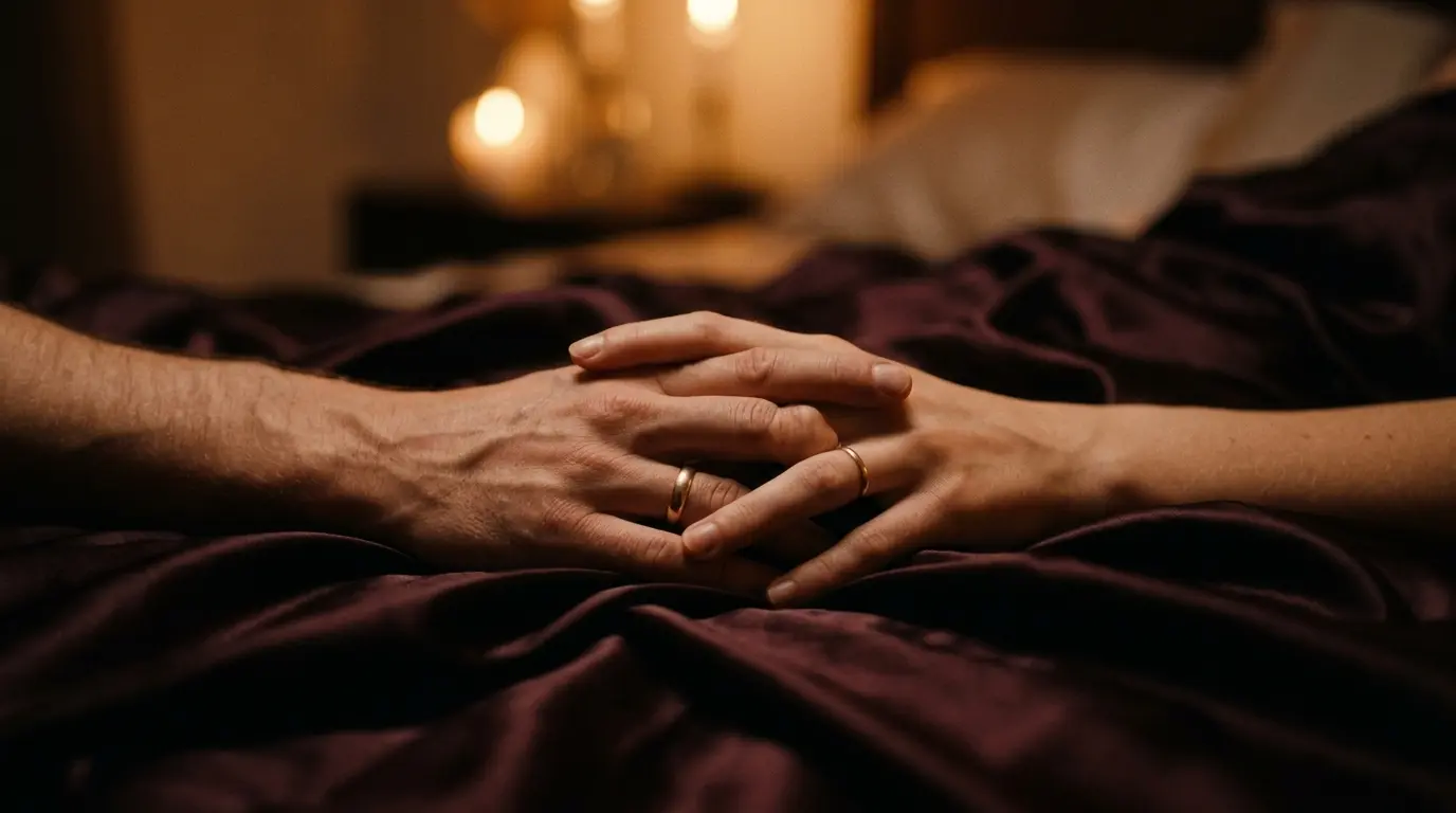 Warm cinematic close-up of a couple holding hands on dark sheets conveying deep trust and emotional connection
