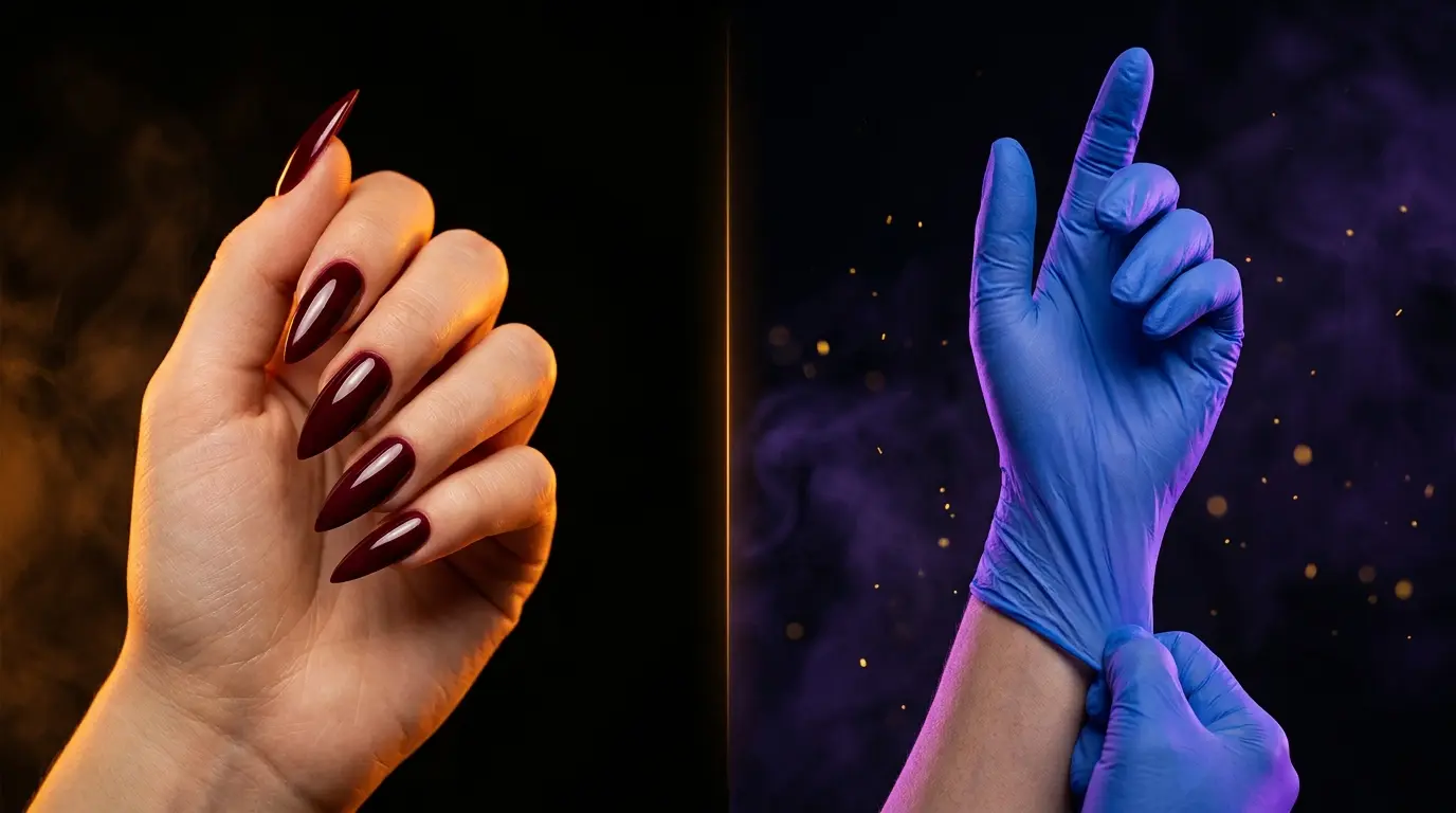 Elegant close-up of manicured nails and a medical glove side by side under dramatic amber and purple studio lighting against a dark background representing safety and hygiene