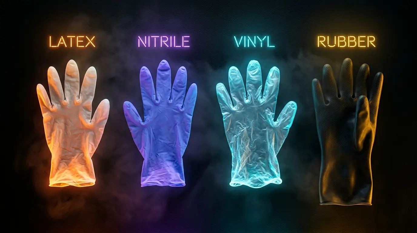 Four glove types laid out on dark surface with amber and purple neon labels indicating latex nitrile vinyl and rubber