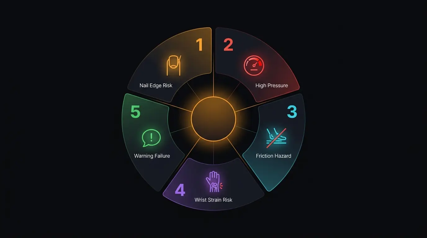 Five injury prevention factors displayed as numbered icons in a circular graphic on dark background