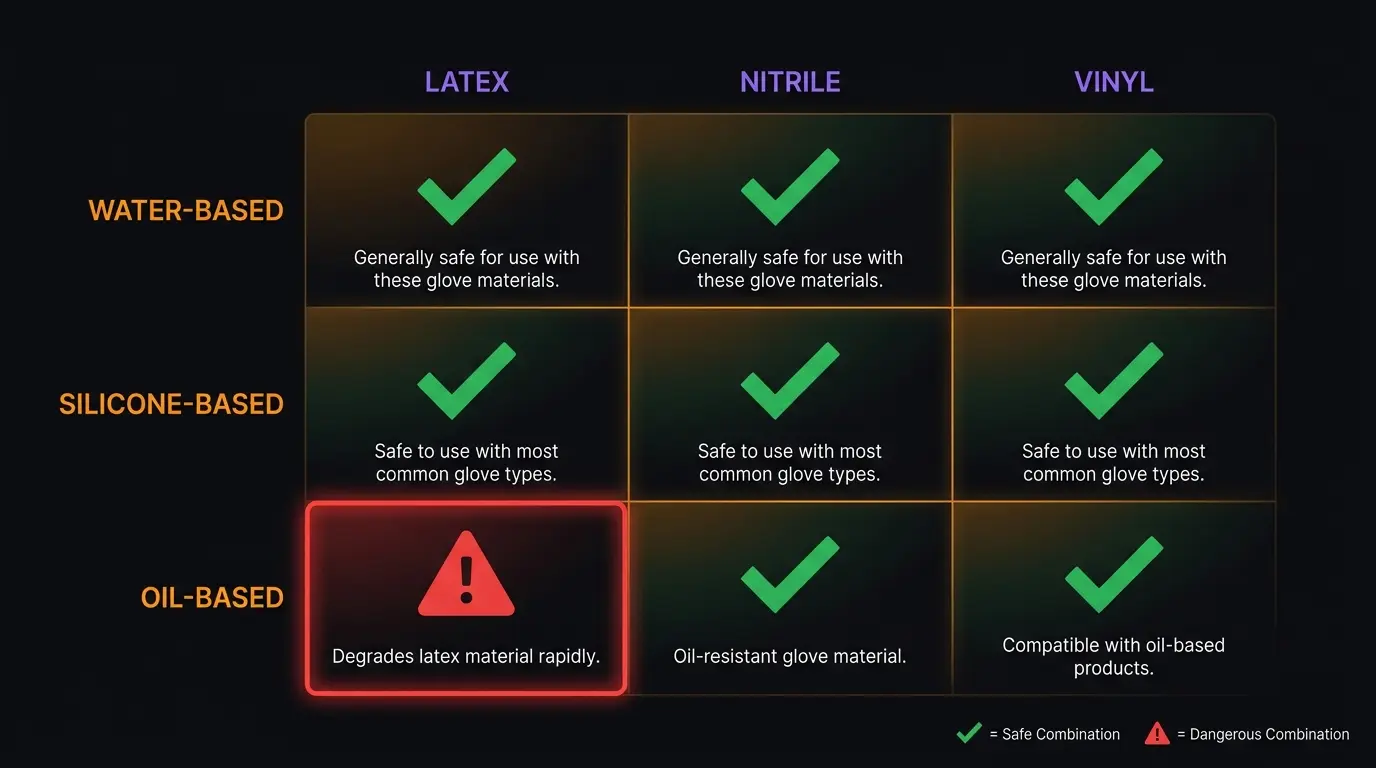 Lubricant compatibility matrix showing water silicone and oil safety with latex nitrile and vinyl gloves on dark background