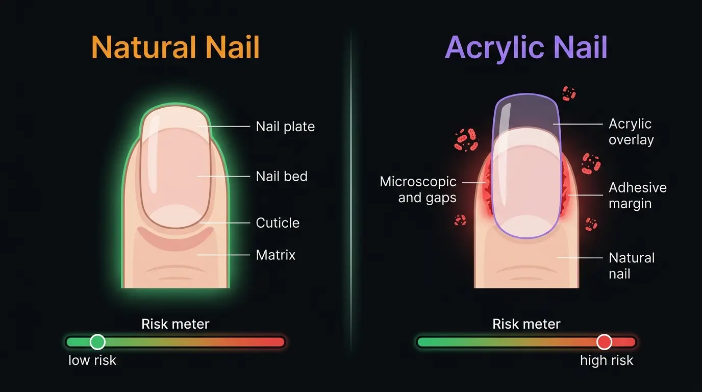 Comparison diagram showing natural vs acrylic nail microbiological profile on dark background