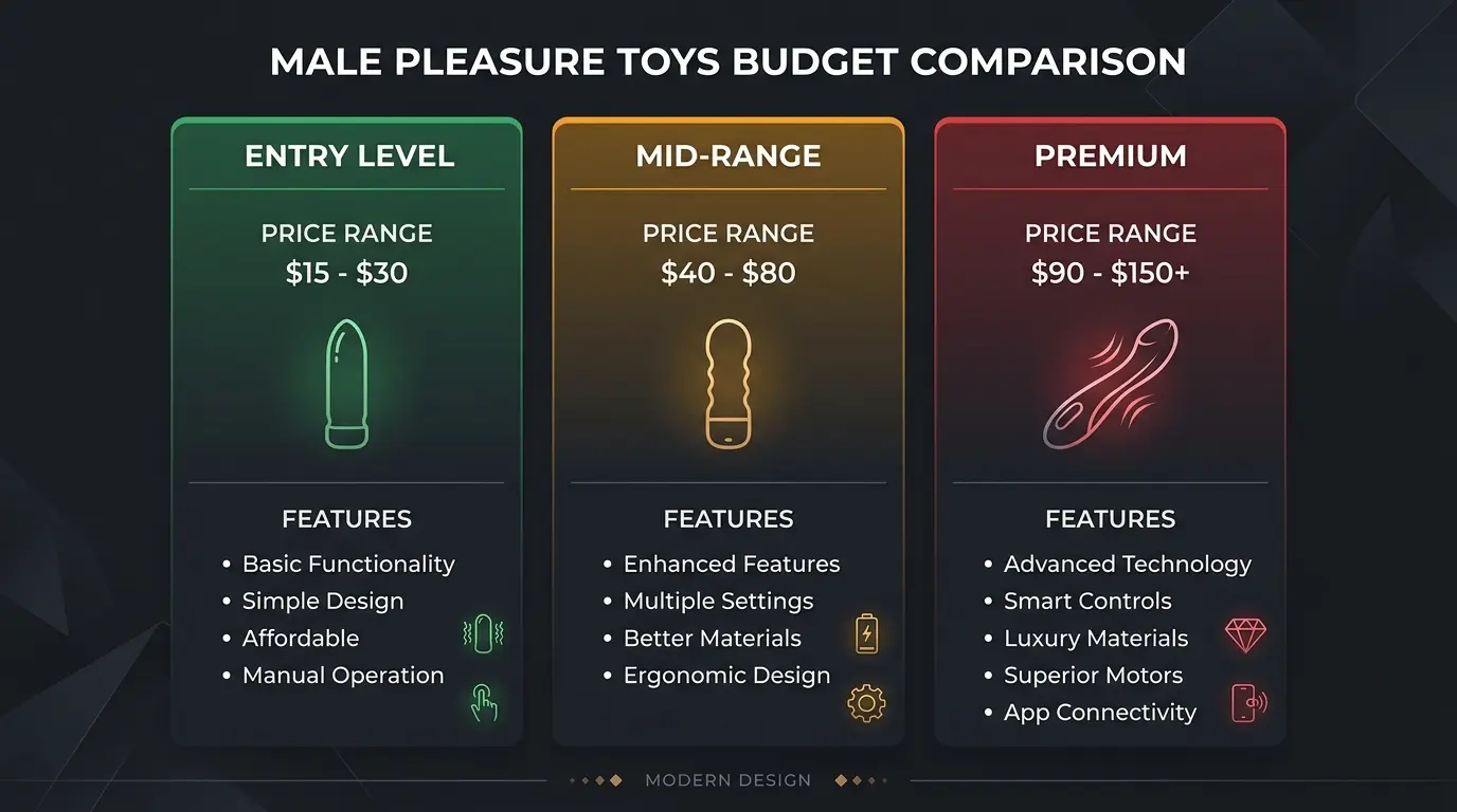 Budget tier comparison infographic showing Entry, Mid, and Premium price ranges for male pleasure toys