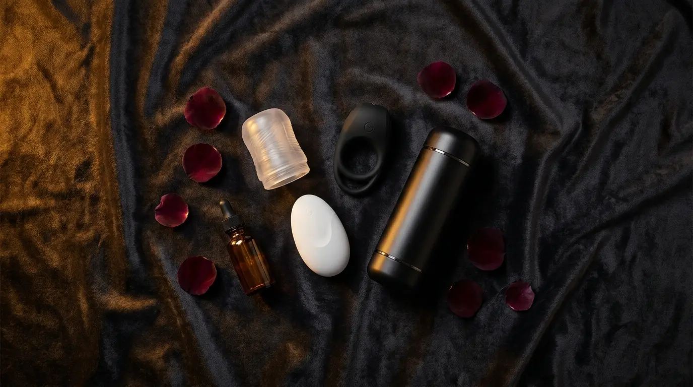 Premium male pleasure toys arranged on dark velvet with warm amber accent lighting