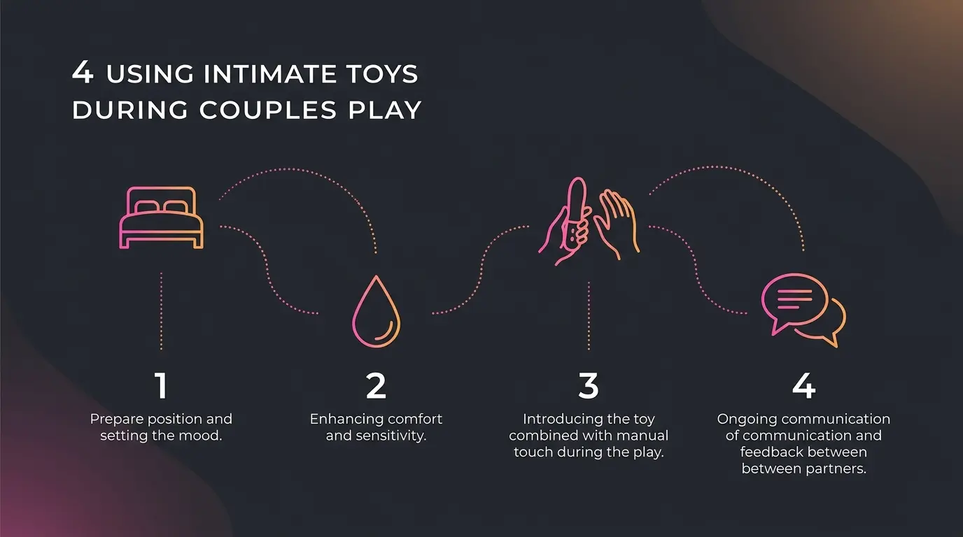 Infographic showing 4 steps for using handjob toys during couples play with neon pink and amber icons