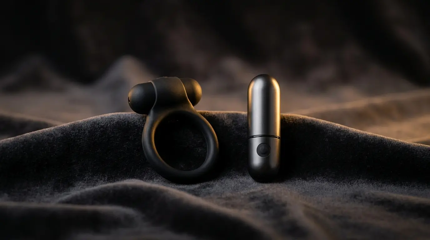 Vibrating cock ring and bullet vibrator on dark velvet with warm amber lighting