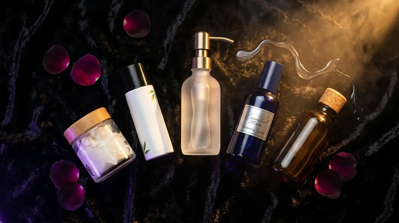 Premium collection of lubricant bottles arranged on dark velvet surface with warm amber side lighting and purple accents