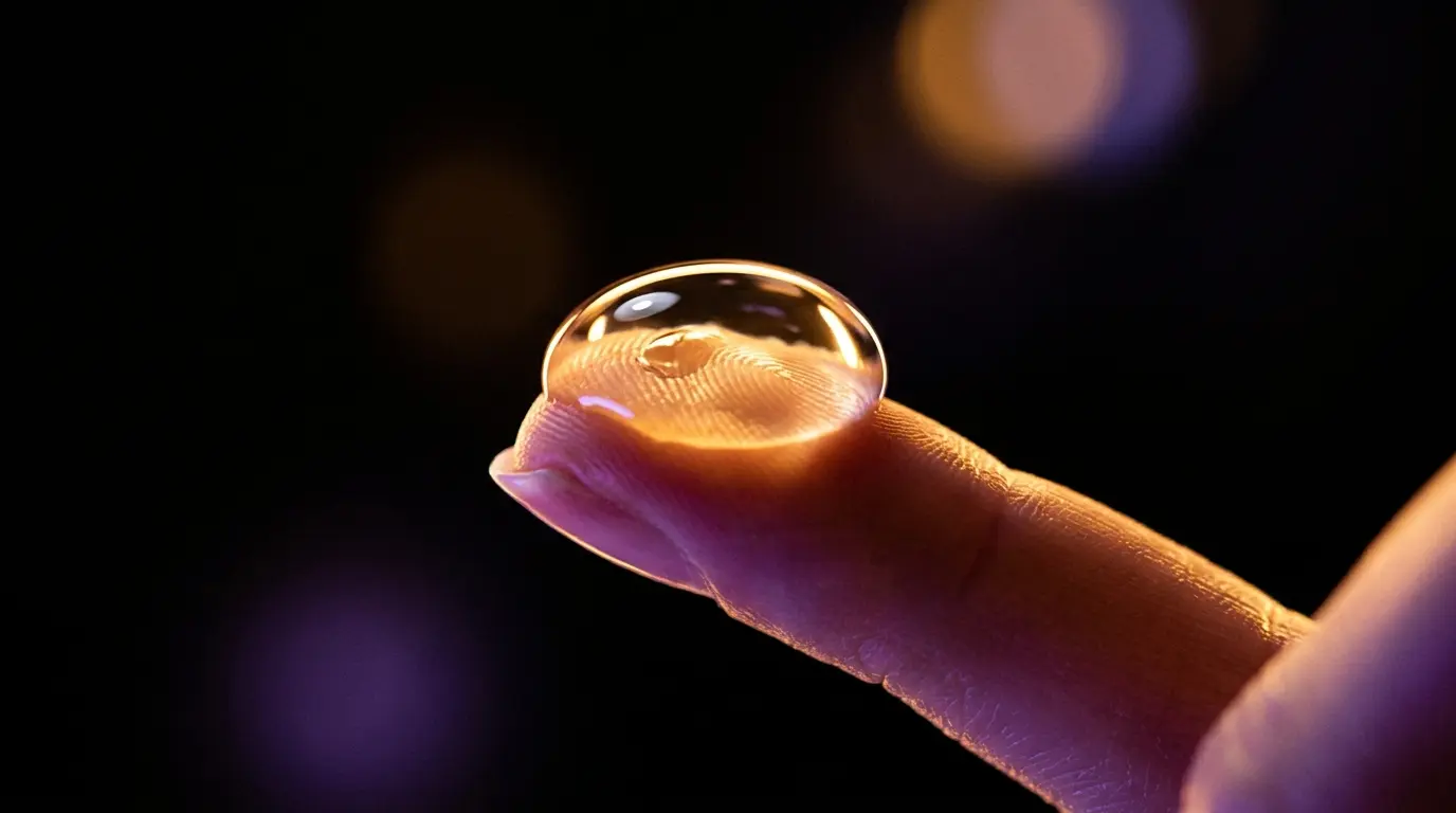 Artistic macro close-up of a clear lubricant droplet on feminine fingertips with warm amber rim lighting and dark background