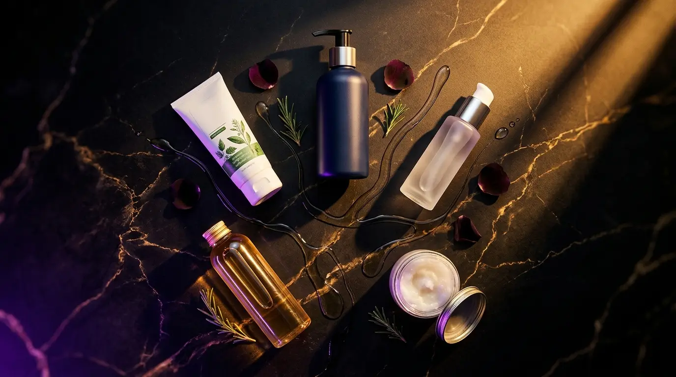 Elegant overhead product group shot of all five recommended lubricants arranged on dark surface with dramatic amber and purple lighting