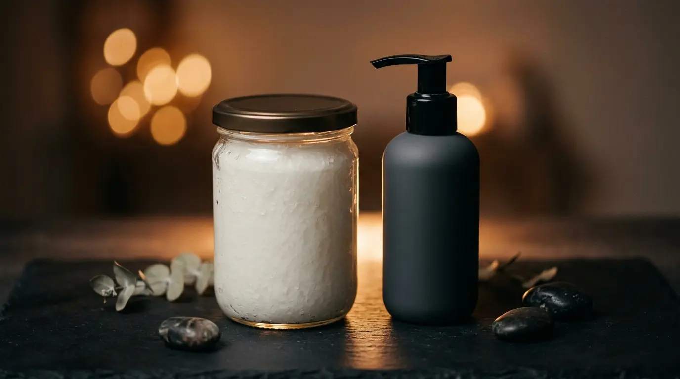 Elegant flat lay of massage oils, coconut oil jar, and silicone lubricant on dark surface with warm amber lighting