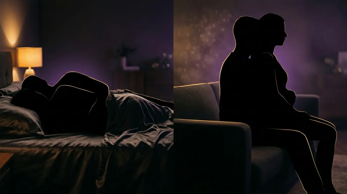 Two warm amber-lit silhouettes showing spooning and seated-behind reach-around setups on dark luxurious bedding
