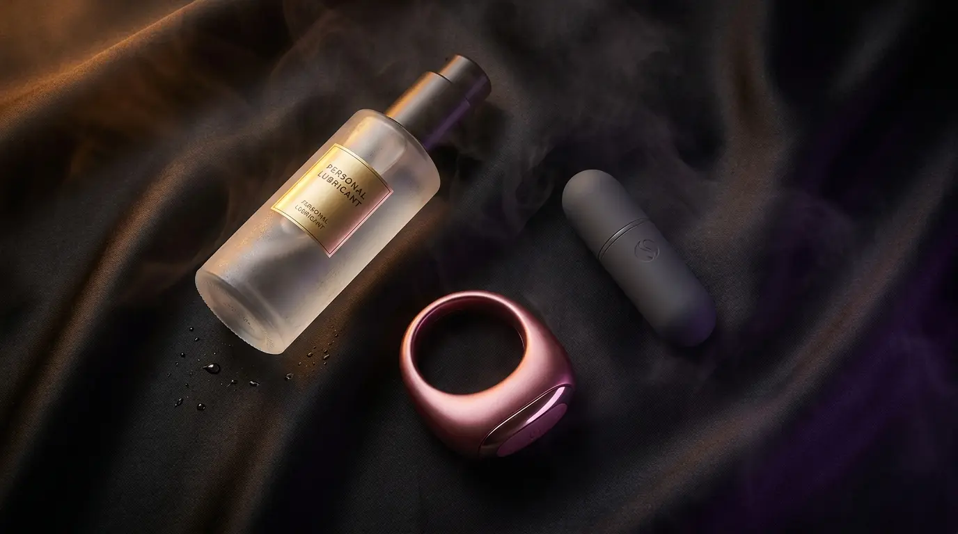 Premium dark flat-lay of three sexual wellness products arranged on black silk — silicone lube bottle vibrating ring and compact bullet vibrator