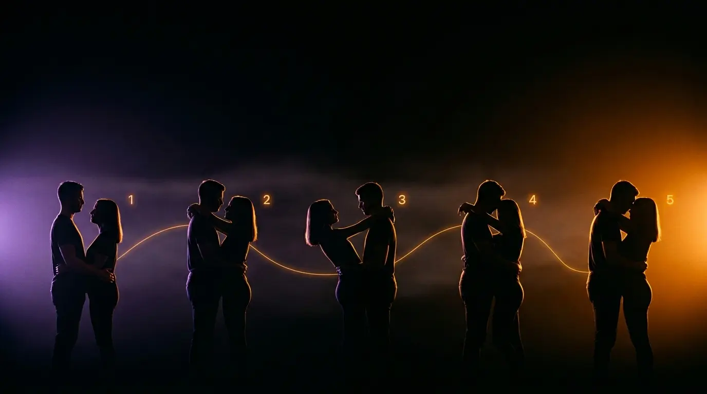 Dark cinematic progression of five couple silhouettes demonstrating reach-around position difficulty levels from easy to expert
