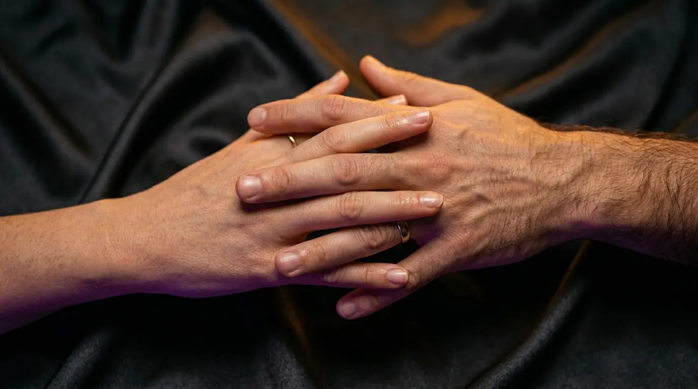 Cinematic close-up of two overlapping hands transitioning grip positions with warm amber rim light and purple fill on dark silk background