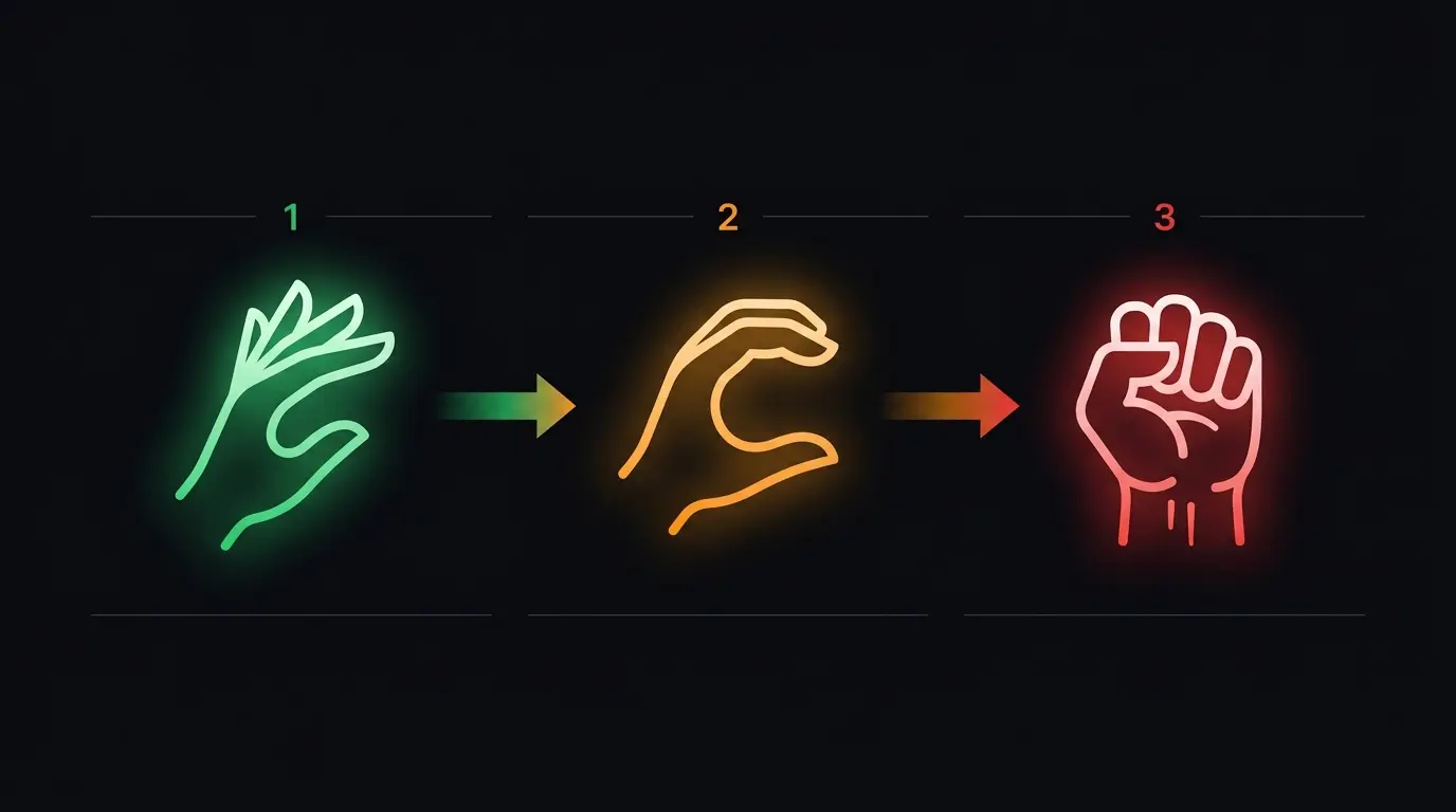 Infographic comparing three grip pressure levels with dark UI aesthetic and amber accent lighting
