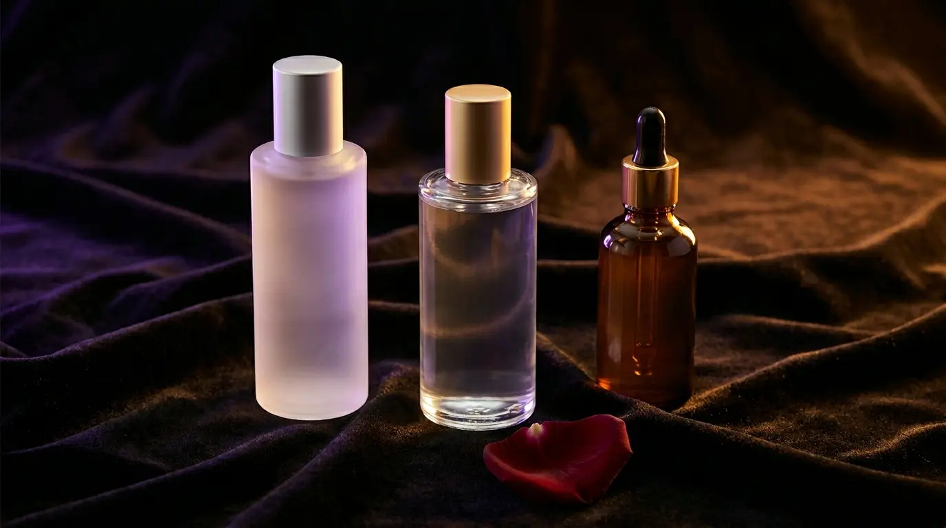 Premium lubricant bottles arranged on dark velvet surface with warm amber side lighting and purple accents
