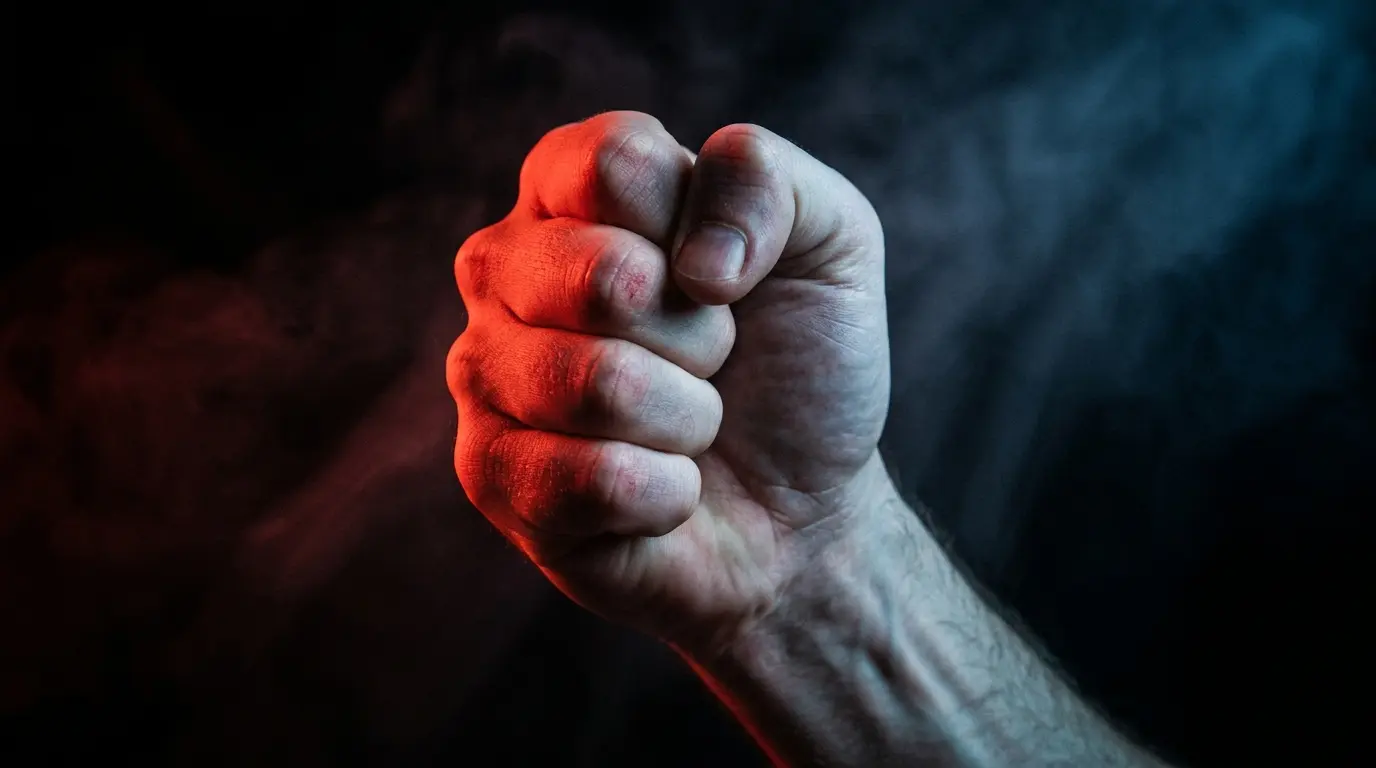 Dramatic split red and blue lighting on clenched fist concept representing common handjob technique mistakes