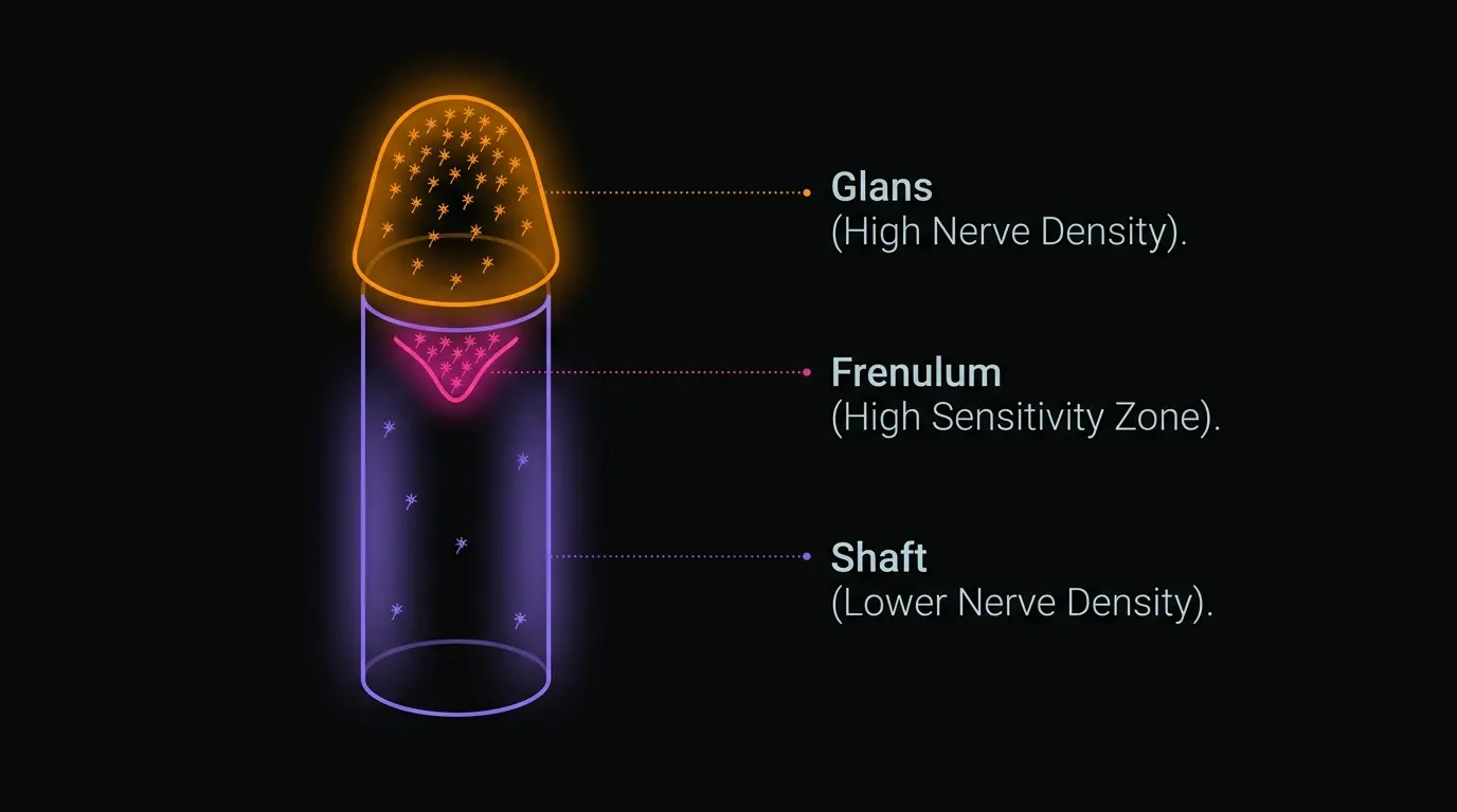 Anatomical vector diagram showing penile nerve density zones in neon style on dark background
