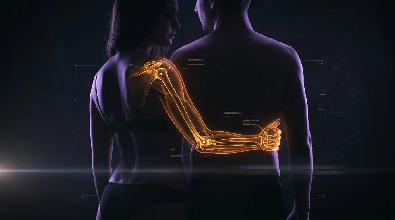Artistic diagram illustrating the biomechanics of a reach around position from behind