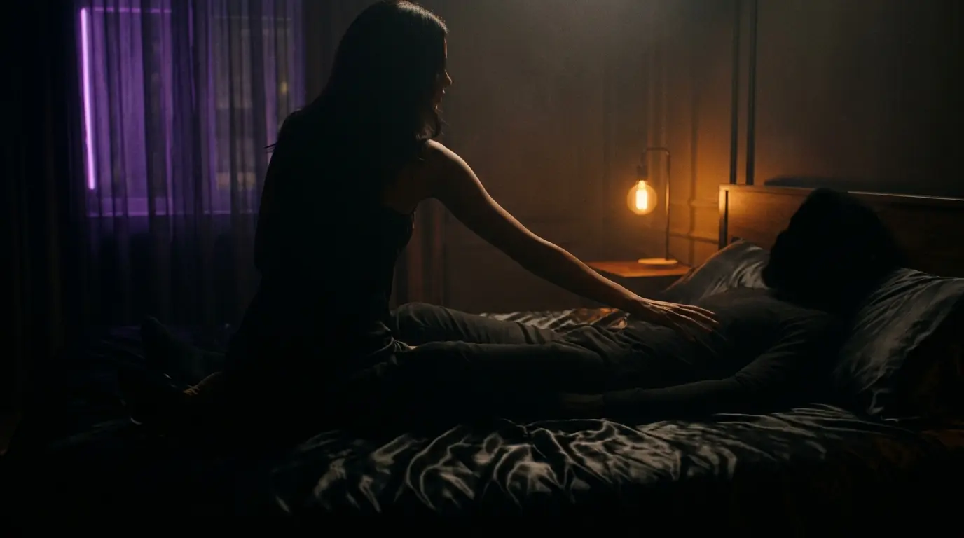 Cinematic dark bedroom scene — intimate couple in spooning position with dramatic amber and purple lighting, hands reaching forward
