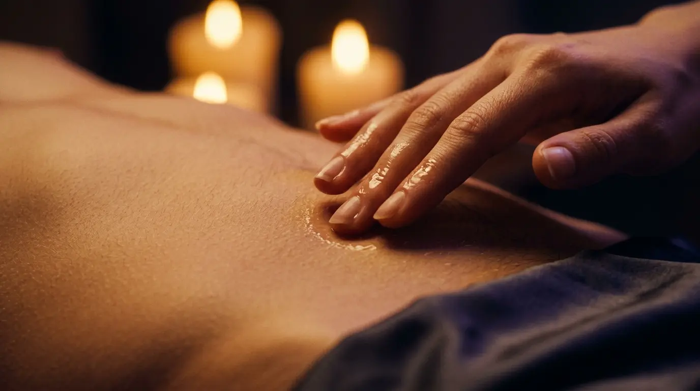 Close-up of intimate hands tracing along skin with warm candlelight and dark moody atmosphere