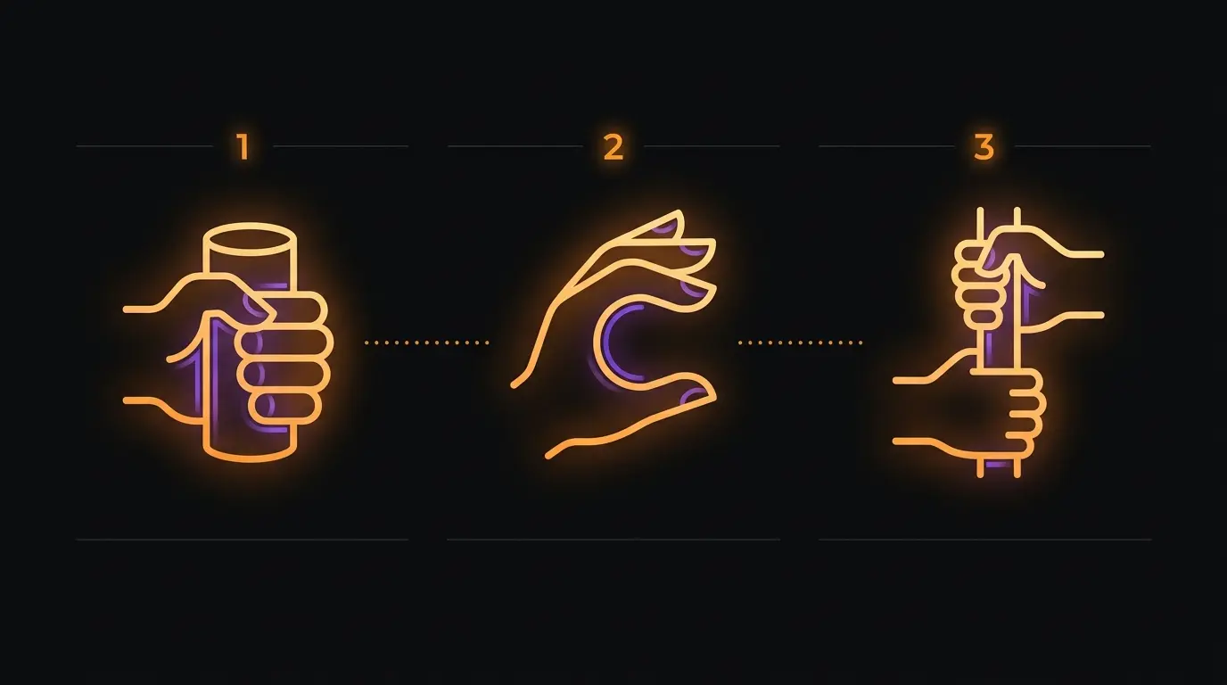 Infographic showing three grip styles for reach around technique with amber and dark color scheme