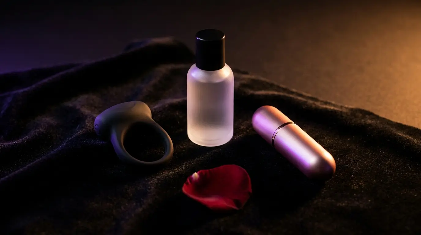 Premium intimate products including vibrating cock ring and bullet vibrator on dark velvet surface with warm amber accent lighting