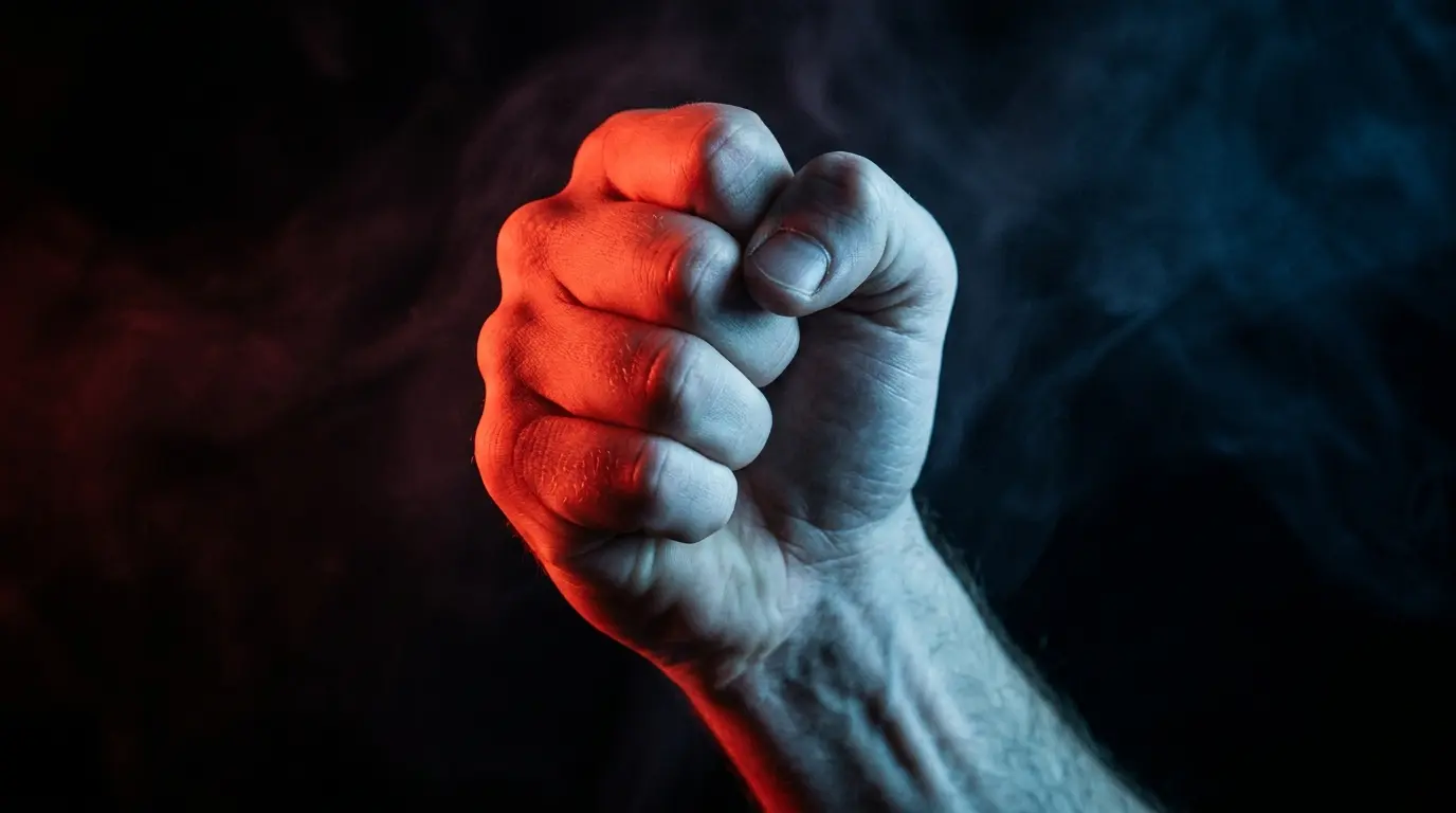 Conceptual warning image with dramatic red and blue split lighting showing clenched fist representing common technique mistakes