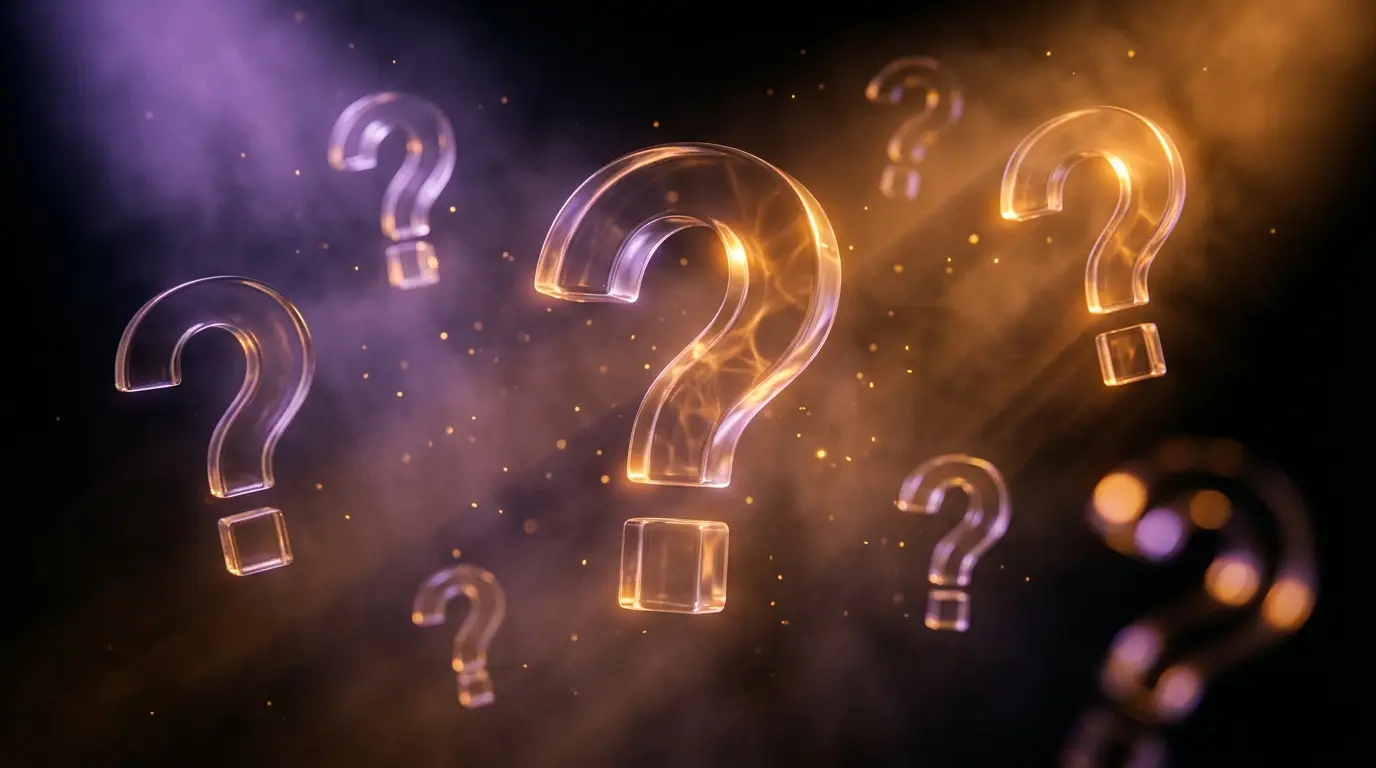 Elegant question mark symbols floating in dramatic warm amber and purple neon light against a dark cinematic background representing an expert FAQ guide