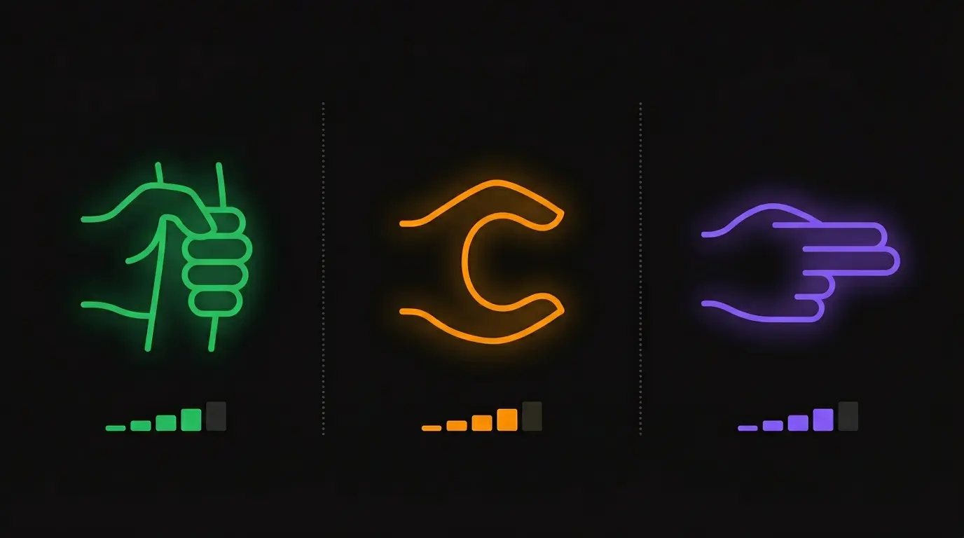 Grip styles comparison infographic showing three hand positions on dark background