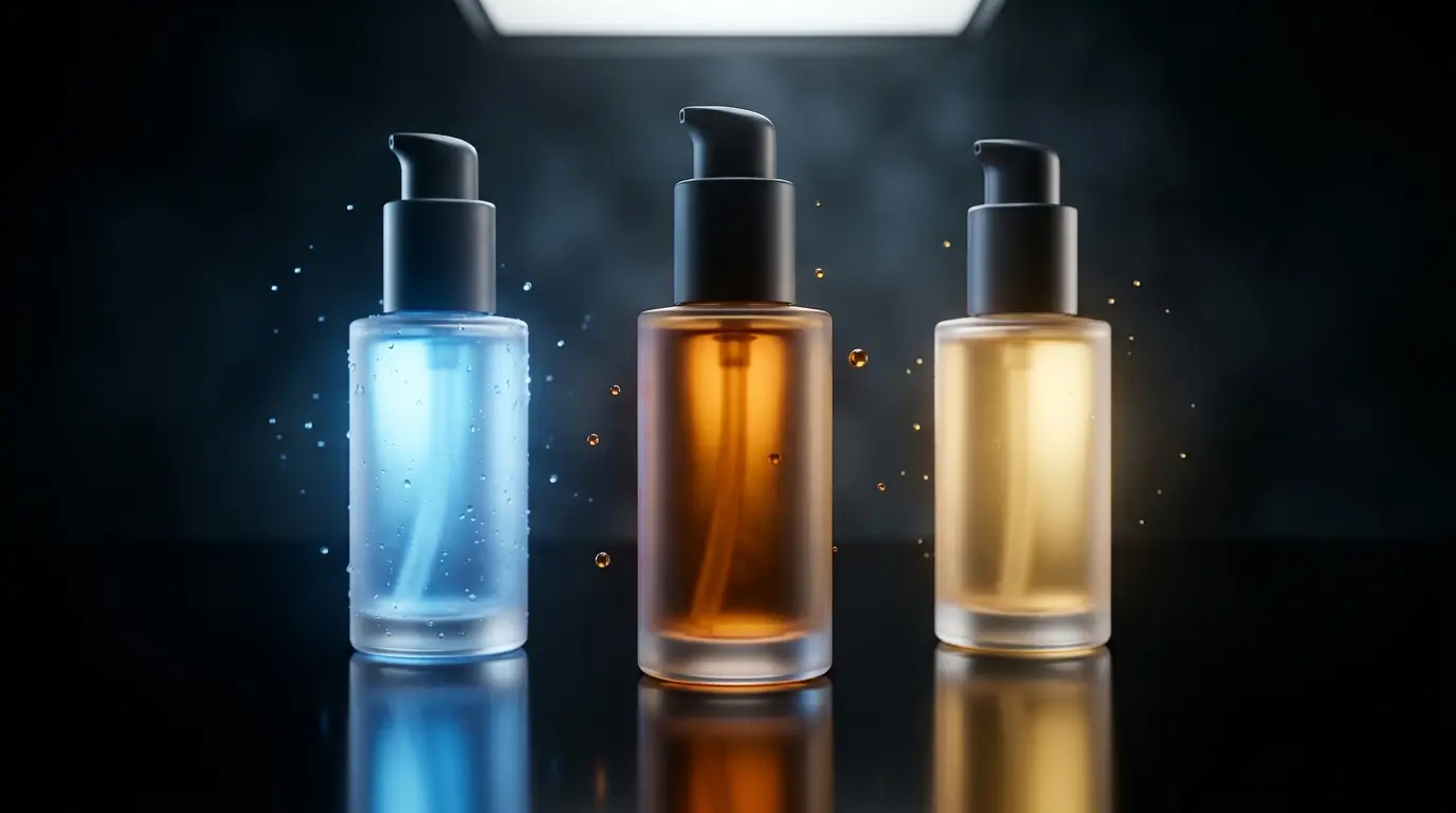 Three elegant minimalist lubricant bottles representing water, silicone, and oil bases on a sleek dark surface