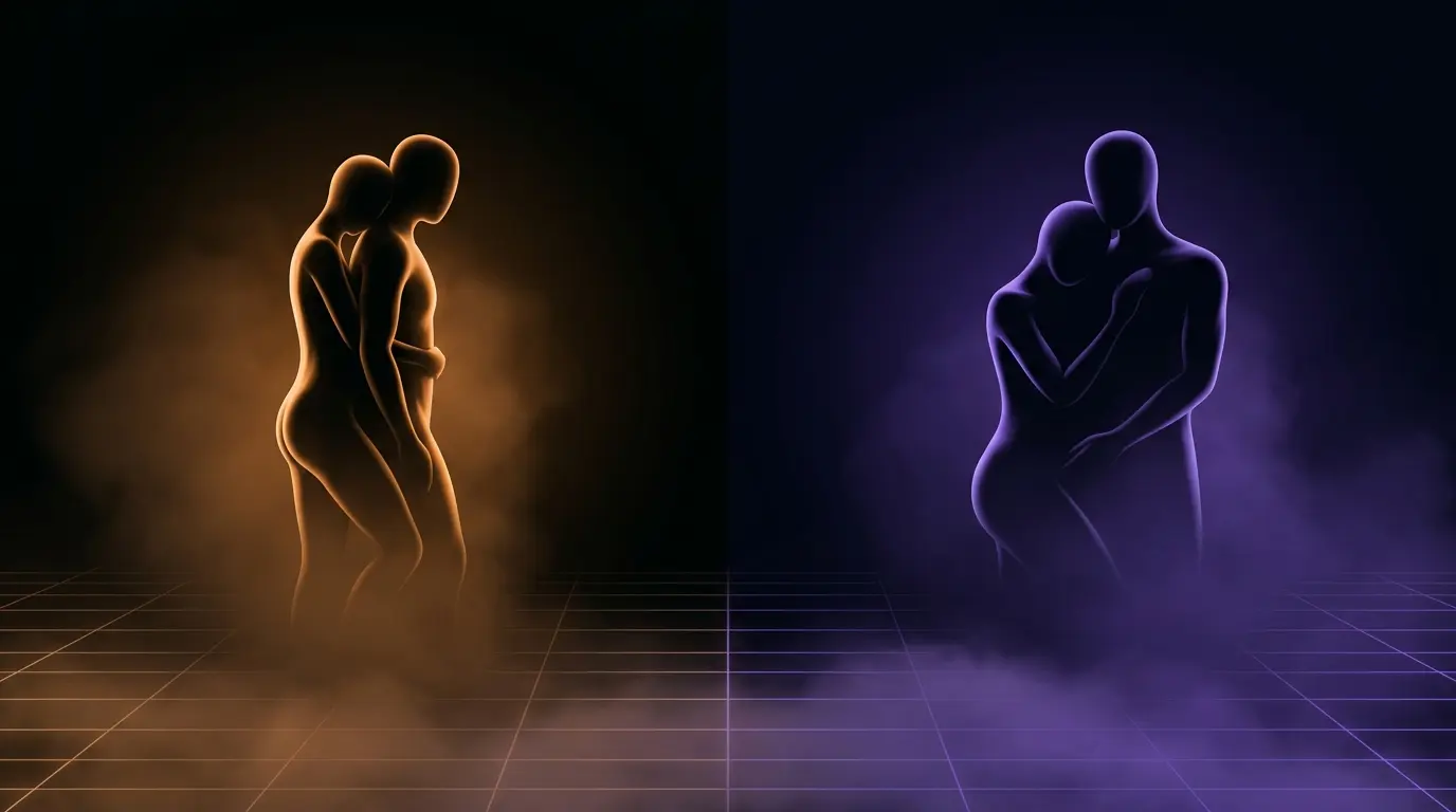 Abstract silhouettes of couples in reach around positions on dark gradient background