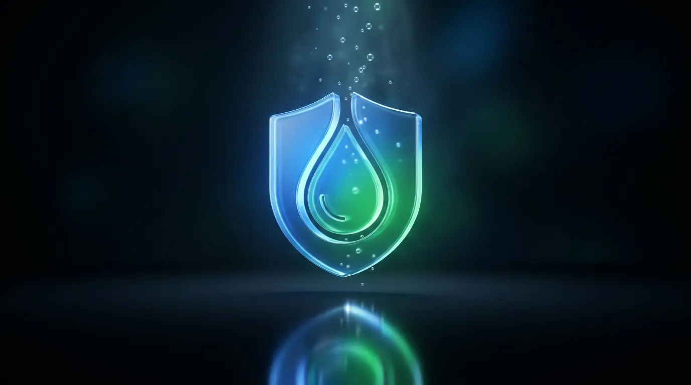 Conceptual hygiene and safety icon glowing in blue and green on a dark background
