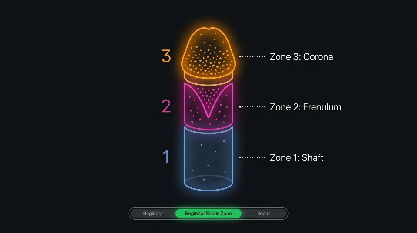 Anatomical infographic showing penile nerve density zones with neon labels on dark background