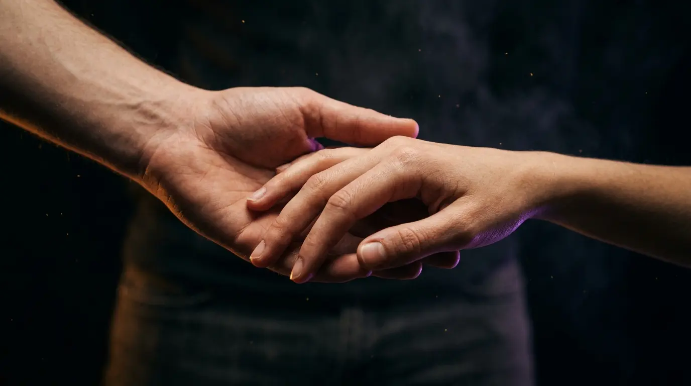 Single hand reaching forward through warm amber and purple cinematic light representing a beginner intimacy technique guide