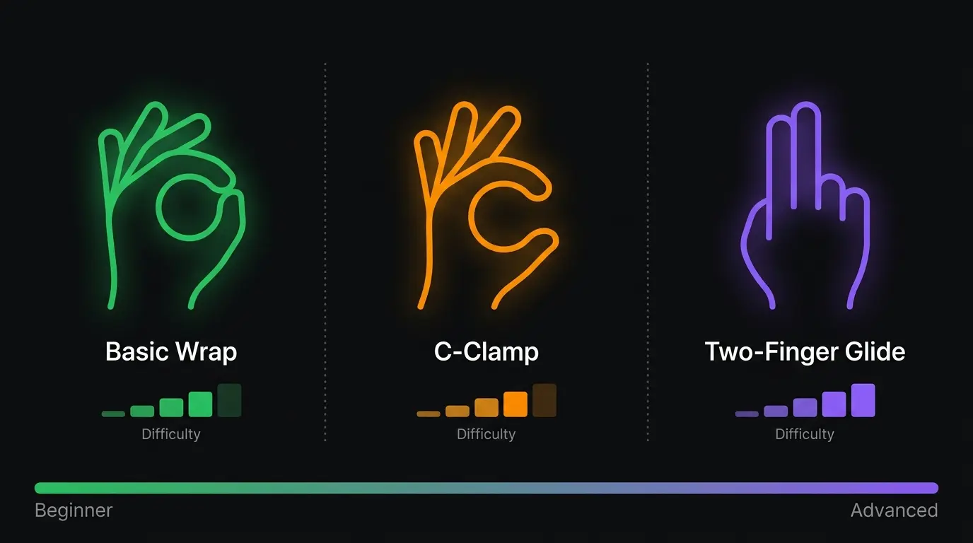 Grip styles comparison infographic showing three hand positions on dark background