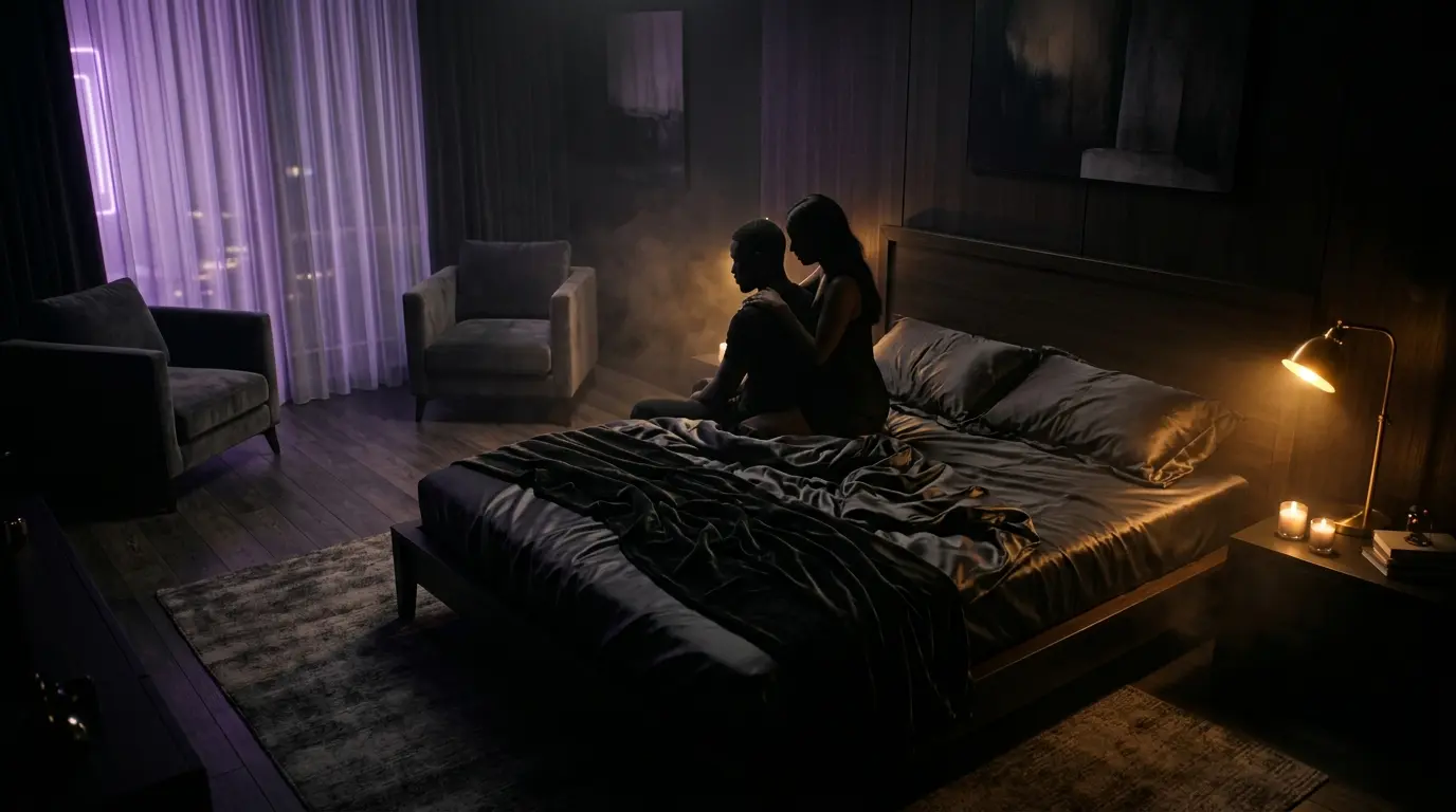 Cinematic artistic concept showing multiple reach around positions with warm amber lighting on dark background