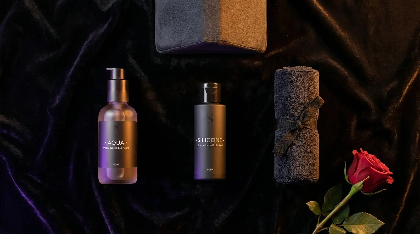 Elegant flat lay of essential reach around accessories including premium lube bottles and support pillow on dark velvet surface with warm amber lighting
